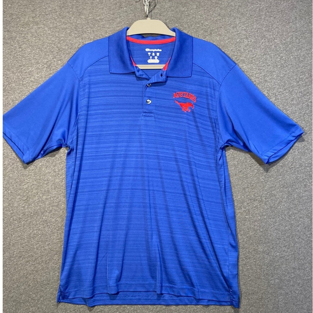 Champion‎ Elite Mens SMU Mustangs Polo Shirt Royal Blue Striped Size Large L/G